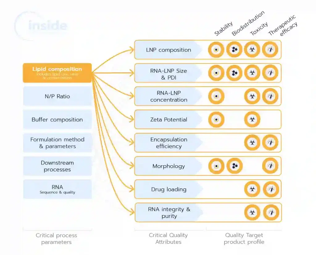 Chart describing the impact of the choice of lipids on the criticial quality attributes (Size, PDI, ...) of an LNP, and there impact on the efficiency, toxicity...